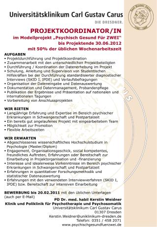 PROJEKTKOORDINATOR/IN im Modellprojekt „Psychisch Gesund Für ZWEI“ bis Projektende 30.06.2012