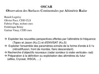 OSCAR O bservation des S urfaces C ontinentales par A ltimétrie R adar