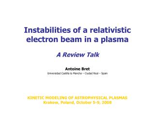 Instabilities of a relativistic electron beam in a plasma A Review Talk