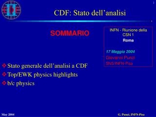 CDF: Stato dell’analisi