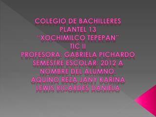 Colegio de bachilleres Plantel 13 “Xochimilco tepepan ” Tic ii Profesora: Gabriela Pichardo