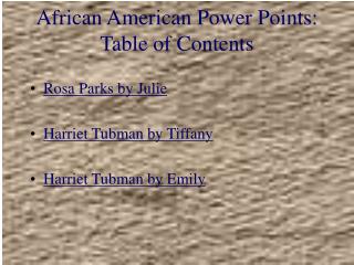 African American Power Points: Table of Contents