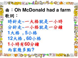 曲： Oh McDonald had a farm 歌詞： 時針走 ~ 一大格 就是 一小時 分針走 ~ 一小格 就是 一分鐘 1 大格 , 5 小格