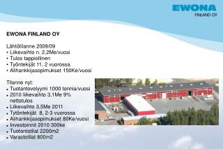 EWONA FINLAND OY Lähtötilanne 2009/09 Liikevaihto n. 2,2Me/vuosi Tulos tappiollinen