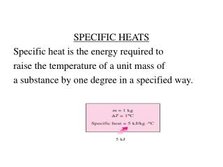 SPECIFIC HEATS Specific heat is the energy required to raise the temperature of a unit mass of