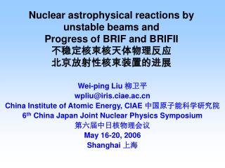 Wei-ping Liu 柳卫平 wpliu@iris.ciae.ac China Institute of Atomic Energy, CIAE 中国原子能科学研究院