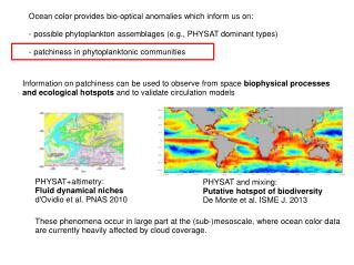 Ocean color provides bio-optical anomalies which inform us on: