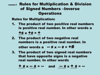 PPT - Lesson 9 Rules for Multiplication & Division of Signed Numbers ...