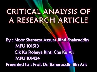 CRITICAL ANALYSIS OF A RESEARCH ARTICLE