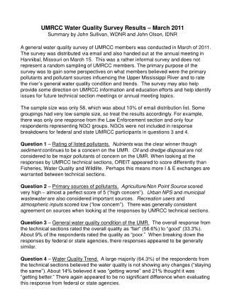 UMRCC Water Quality Survey Results – March 2011