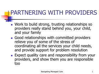 PARTNERING WITH PROVIDERS