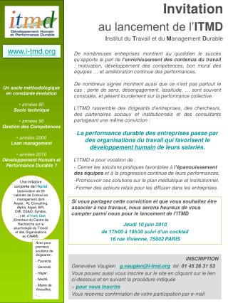 Invitation au lancement de l’ ITMD I nstitut du T ravail et du M anagement D urable