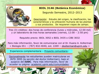 BIOL 3146 (Botánica Económica) Segundo Semestre, 2012–2013
