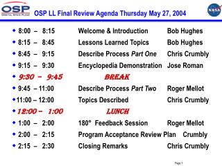 OSP LL Final Review Agenda Thursday May 27, 2004