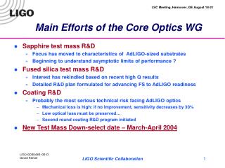 Main Efforts of the Core Optics WG