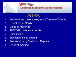 AGENDA Welcome and note apologies by Theresa O’Keefe Objectives of QSVN Dates of meetings