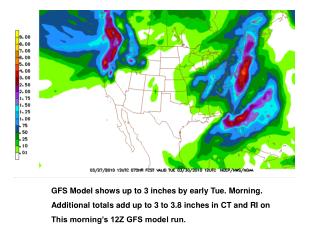 GFS Model shows up to 3 inches by early Tue. Morning.