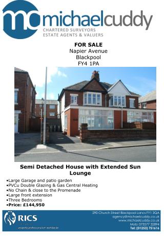 FOR SALE Napier Avenue Blackpool FY4 1PA