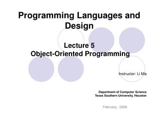 Programming Languages and Design Lecture 5 Object-Oriented Programming