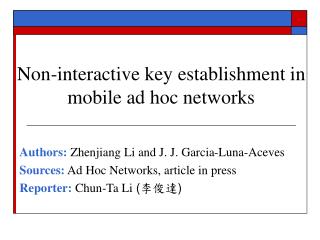 Non-interactive key establishment in mobile ad hoc networks