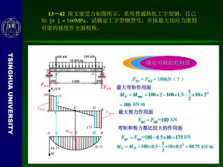 13 － 42 简支梁受力如图所示。采用普通热轧工字型钢，且已知   = 160MPa 。试确定工字型钢型号，并按最大切应力准则对梁的强度作全面校核。