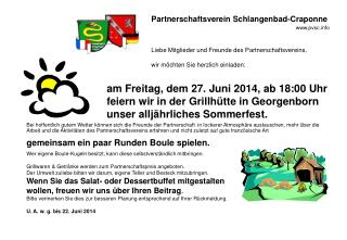 am Freitag, dem 27. Juni 2014, ab 18:00 Uhr feiern wir in der Grillhütte in Georgenborn