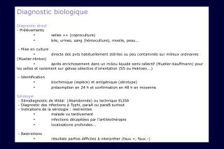 Diagnostic biologique Diagnostic direct - Prélévements 	• 	 selles ++ (coproculture)