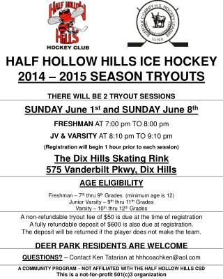 HALF HOLLOW HILLS ICE HOCKEY 2014 – 2015 SEASON TRYOUTS