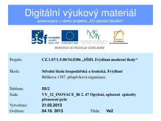 Digitální výukový materiál zpracovaný v rámci projektu „EU peníze školám“