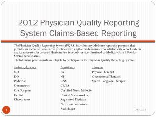 2012 Physician Quality Reporting System Claims-Based Reporting