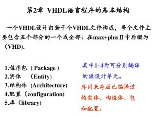 一个 VHDL 设计由若干个 VHDL 文件构成，每个文件主要包含五个部分的一个或全部：在 max+plusⅡ 中后缀为（ VHD).