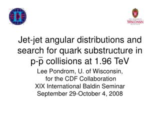 Jet-jet angular distributions and search for quark substructure in p-p collisions at 1.96 TeV