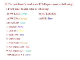 ※ The mainboard’s header and PCI-Express color as following: