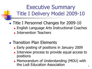 Executive Summary Title I Delivery Model 2009-10
