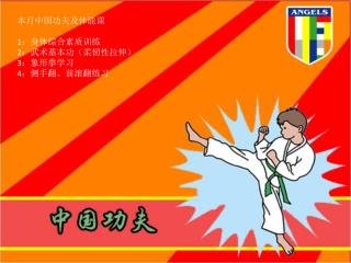 本月中国功夫及体能课 1 ：身体综合素质训练 2 ：武术基本功（柔韧性拉伸） 3 ：象形拳学习 4 ：侧手翻、前滚翻练习