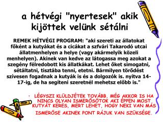 a hétvégi &quot;nyertesek&quot; akik kijöttek velünk sétálni