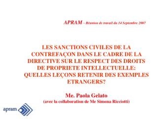 APRAM – Réunion de travail du 14 Septembre 2007