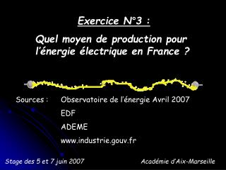 Exercice N°3 : Quel moyen de production pour l’énergie électrique en France ?