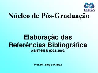 Núcleo de Pós-Graduação Elaboração das Referências Bibliográfica ABNT-NBR 6023:2002