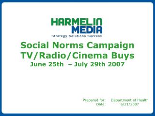 Social Norms Campaign TV/Radio/Cinema Buys June 25th – July 29th 2007