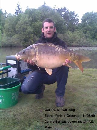 CARPE MIROIR 9kg Etang (forêt d’Orléans) - 11/05/09 Canne Sensas power match 722 Maïs