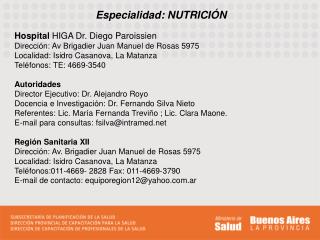 Especialidad: NUTRICIÓN