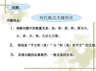 关键两点： 　１、理解问题中的数量关系，如：和、差、积、商与大、 　　　小、多、少、倍，几分之几等。