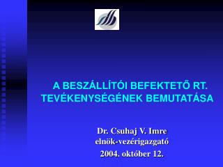 A BESZÁLLÍTÓI BEFEKTETŐ RT. TEVÉKENYSÉGÉNEK BEMUTATÁSA