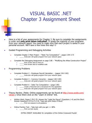 VISUAL BASIC .NET Chapter 3 Assignment Sheet