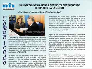 MINISTERIO DE HACIENDA PRESENTA PRESUPUESTO ORDINARIO PARA EL 2010