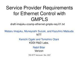 Service Provider Requirements for Ethe rnet Control with GMPLS