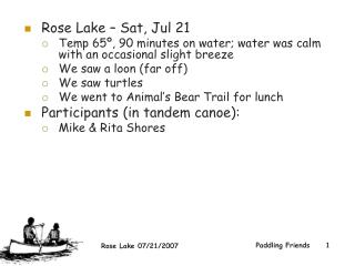 Rose Lake – Sat, Jul 21