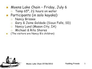 Moens Lake Chain – Friday, July 6 Temp 65º, 2¼ hours on water Participants (in solo kayaks):
