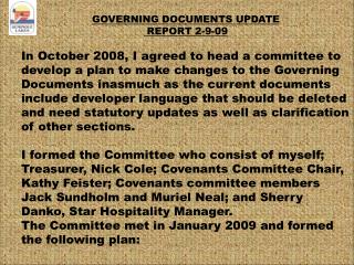 GOVERNING DOCUMENTS UPDATE REPORT 2-9-09
